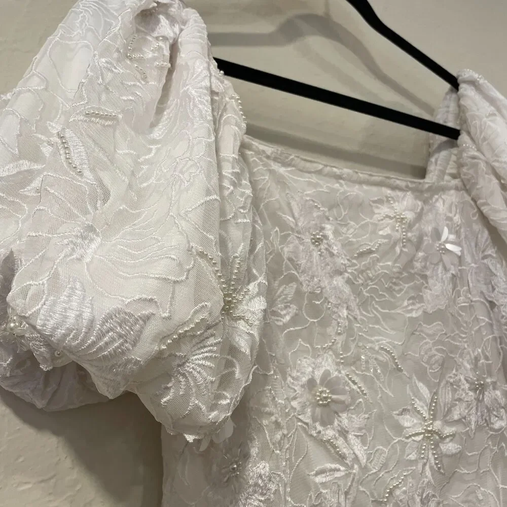 ~ BHLDN Lg 2in1 Mini Dress 3D Floral, Removable Puff-Sleeve Large Wedding Bridal - Picture 9 of 16